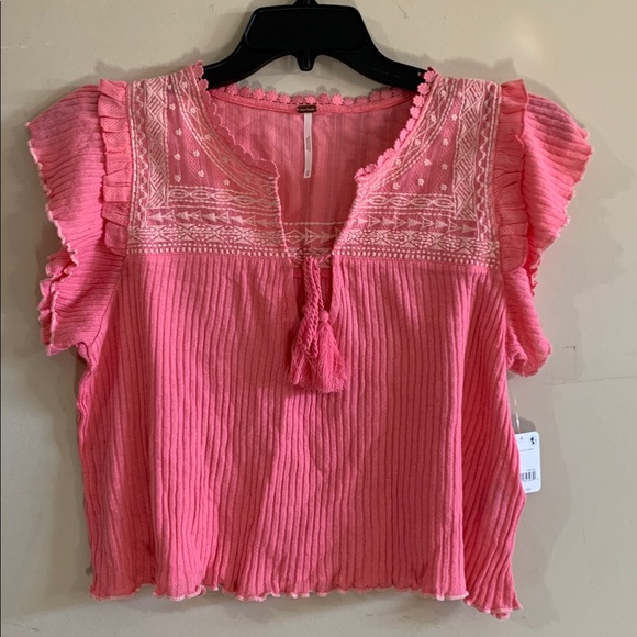 FREE PEOPLE Sarafina Embroidered Ruffle Sleeve Top NWT Pink Lemonade Combo - Picture 5 of 12